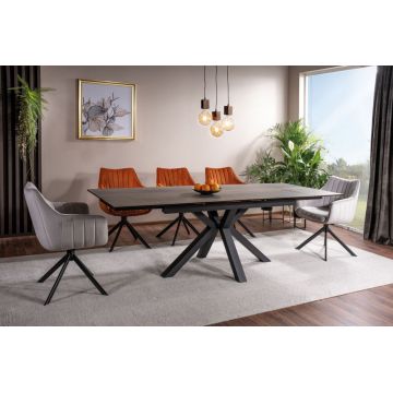 Masa extensibila cu blat din Sticla securizata cu efect de lemn cu picioare din Metal Negru L160x240cm Columbus