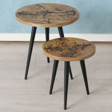 Set 2 masute de colt din Lemn de mango Maro si Metal Negru D30/40xH30/40cm Percha
