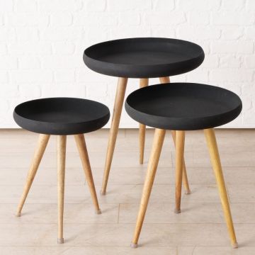 Set 3 masute de colt din Metal Negru si Lemn de mango Maro D37/43/51xH47/55/60cm Masdour