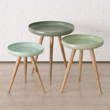 Set 3 masute de colt din Metal Verde si Lemn de mango Maro D37/43/53xH47/55/60cm Masdour