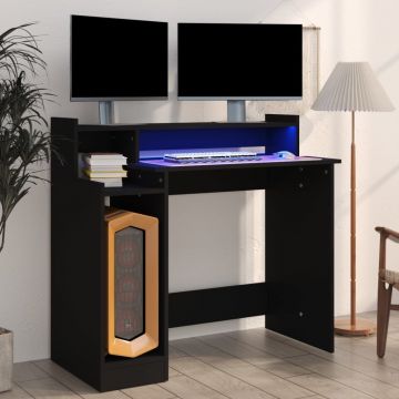 vidaXL Birou cu lumini LED, negru, 97x45x90 cm, lemn prelucrat