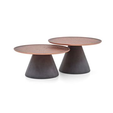 Set 2 mese de cafea din pal si piele ecologica, Juno Gri / Cupru, Ø75xH43,2 cm / Ø75xH35,3 cm