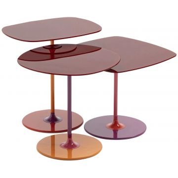 Set 3 masute Kartell Thierry design Piero Lissoni baza metal blat sticla burgundy