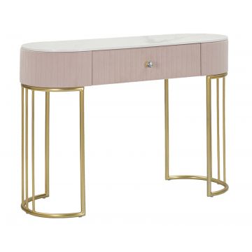 Consola din lemn si metal tapitata cu stofa, 1 sertar, Montpellier Roz Deschis / Auriu, l100xA43xH74 cm