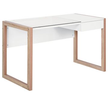 HOMCOM Masa de Birou Design din Lemn si Sticla Temperata cu Sertar 120x60x75cm