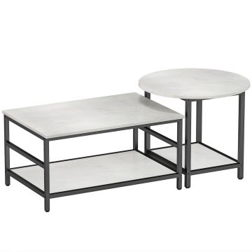Set 2 Masute de Cafea cu 2 Niveluri din PAL si Otel, Masuta Dreptunghiulara si Masuta Rotunda cu Blat Efect Marmura, Alb si Negru HOMCOM | Aosom RO