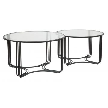 Set 2 mese de cafea din metal si sticla Dublino Negru, Ø81xH47 / Ø71xH43 cm