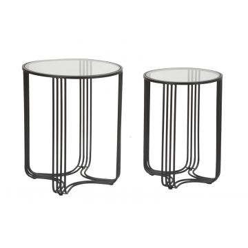 Set 2 mese de cafea din metal si sticla Dublino Small Negru, Ø50xH61,5 / Ø40,5xH57 cm
