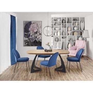 Set masa extensibila din MDF, furnir si metal, Velanis Stejar / Negru + 4 Scaune tapitate cu stofa si picioare metalice, Kai-443 Velvet Albastru Inchis / Negru, L160-200xl90xH75 cm