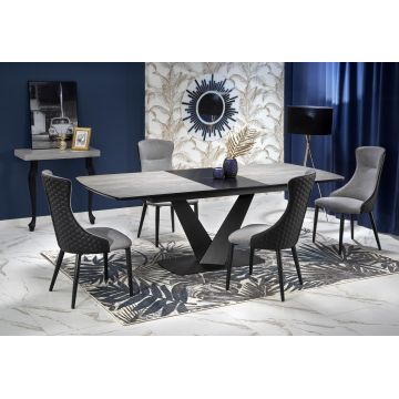 Set masa extensibila din MDF, pal si metal, Vincente Gri Inchis / Negru + 4 Scaune tapitate cu stofa si piele ecologica, cu picioare metalice, Kai-434 Gri deschis / Negru, L180-230xl95xH76 cm