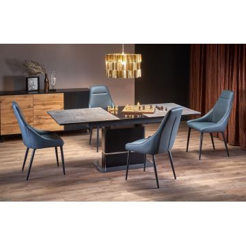 Set masa extensibila din MDF, sticla si metal, Martelli Gri Inchis / Negru + 4 Scaune tapitate cu piele ecologica si picioare metalice, Kai-465 Gri Inchis / Negru, L160-200xl90xH75 cm