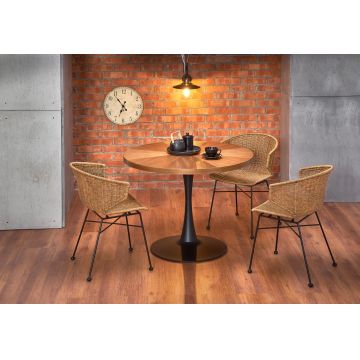 Set masa rotunda din MDF, furnir si metal Carmelita Nuc / Negru + 4 Scaune din ratan sintetic cu picioare metalice Kai-407 Natural / Negru, Ø100xH75 cm