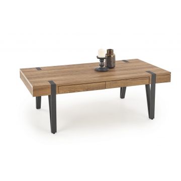 Masa de cafea din MDF si metal, cu 2 sertare, Toulouse Nuc Honey / Negru, L120xl55xH41 cm