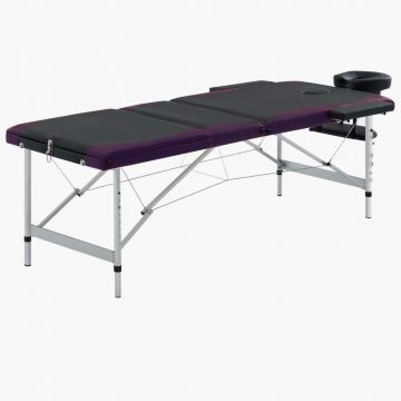 Masă de masaj pliabilă 3 zone negru și violet aluminiu