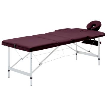 Masă de masaj pliabilă cu 3 zone violet aluminiu