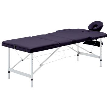 Masă de masaj pliabilă cu 3 zone violet vin aluminiu