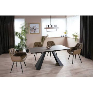 Masa extensibila cu blat din Sticla securizata cu efect de Lemn cu picioare din Metal Negru L180x260cm Salvadore