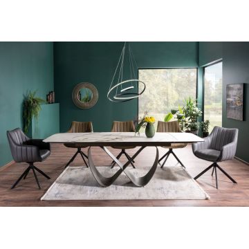 Masa extensibila cu blat din Sticla securizata cu efect de marmura Alba cu baza din Metal Khaki inchis L160-240cm Infinity