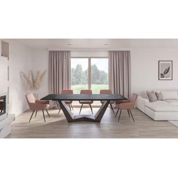 Masa extensibila cu blat din Sticla securizata cu efect de marmura Negru si baza din MDF furniruit cu lemn de nuc L 200-250cm Bonucci