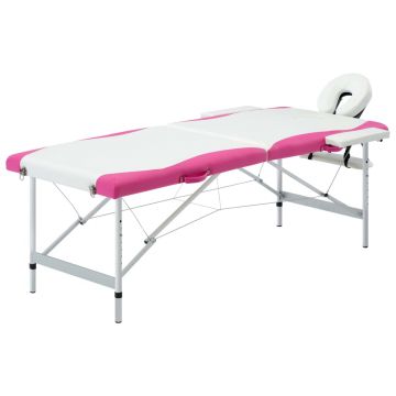 Masă pliabilă de masaj 2 zone alb și roz aluminiu