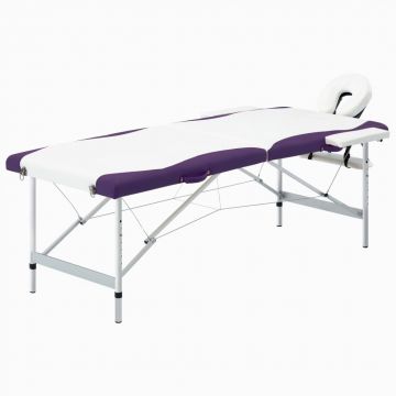 Masă pliabilă de masaj 2 zone alb și violet aluminiu