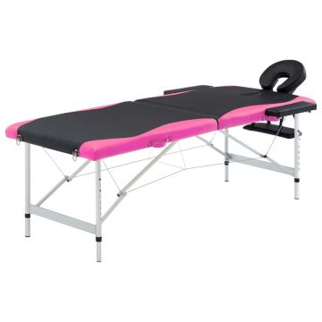 Masă pliabilă de masaj 2 zone aluminiu negru și roz