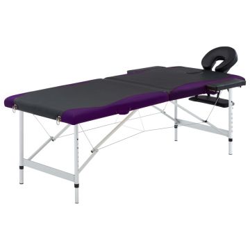 Masă pliabilă de masaj 2 zone negru și violet aluminiu