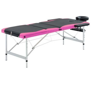 Masă pliabilă de masaj 3 zone negru și roz aluminiu