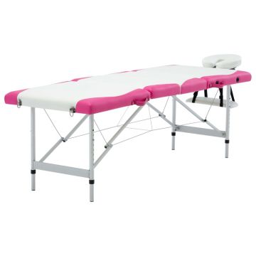 Masă pliabilă de masaj 4 zone aluminiu alb și roz