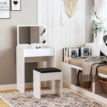 SEA150 - Set Masa alba toaleta, 60 cm, cu 1 sertar cosmetica machiaj oglinda rabatabila, masuta si scaun taburet tapitat