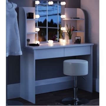 SEA251 - Set Masa alba toaleta cosmetica machiaj oglinda masuta vanity, oglinda cu LED si rafturi