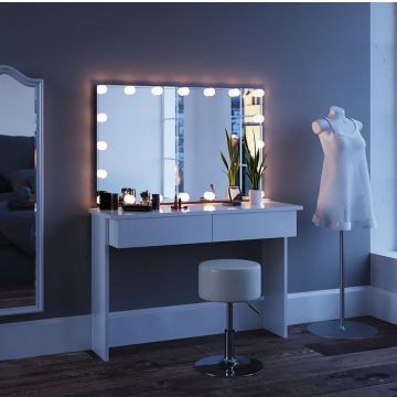 SEA252 - Set Masa alba toaleta moderna, 120 cm, cosmetica machiaj oglinda cu sau fara LED, masuta vanity cu sau fara bancuta/scaun,