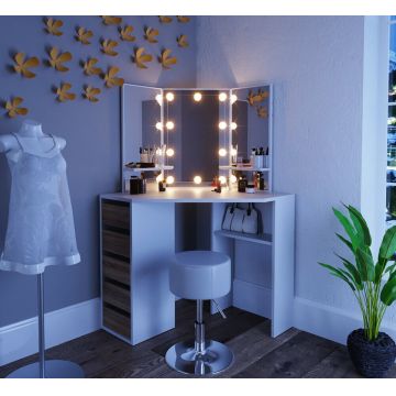 SEA274 - Set Masa toaleta cosmetica machiaj, cu oglinda make-up cu sau fara LED-uri, masuta vanity - Alb cu Maro pe colt