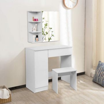 SEA283 - Set Masa alba toaleta, 80 cm, cosmetica machiaj cu oglinda, masuta vanity, scaun - Aba
