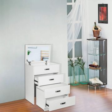 SEA285 - Set Masa toaleta, 60 cm, cosmetica machiaj cu oglinda, masuta vanity, scaun tapitat, comoda make-up- Alba