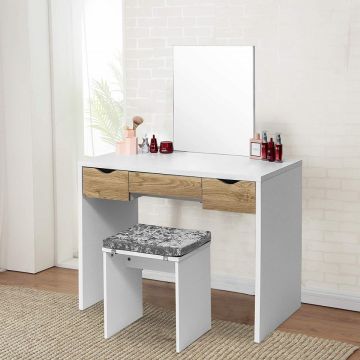 SEA286 - Set Masa toaleta, 100 cm, cosmetica machiaj cu oglinda, masuta vanity, scaun tapitat, comoda make-up - Alb sau Alb-Maro