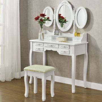 SEA316 - Set Masa alba toaleta cosmetica machiaj oglinda masuta vanity, cu scaunel tapitat