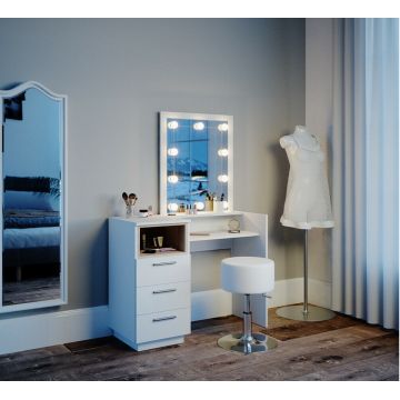 SEA361 - Set Masa toaleta, 100 cm, moderna cosmetica machiaj oglinda, masuta vanity cu sau fara LED- Alb