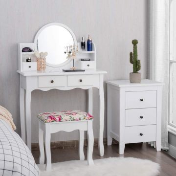 SEA73 - Set Masa toaleta 75 cm, cosmetica machiaj cu oglinda, masuta vanity - Alb