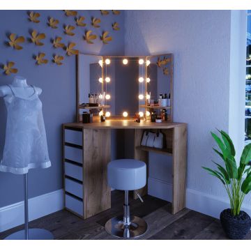 SEM216 - Set Masa toaleta cosmetica machiaj, cu oglinda make-up cu sau fara LED-uri, masuta vanity - Maro pe colt