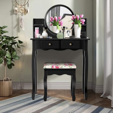 SEN21 - Set Masa toaleta 75 cm, cosmetica machiaj cu oglinda, masuta vanity - Negru