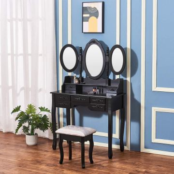 SEN701 - Set Masa toaleta, 90 cm, cosmetica machiaj cu oglinda, masuta vanity, scaun tapitat - Neagra