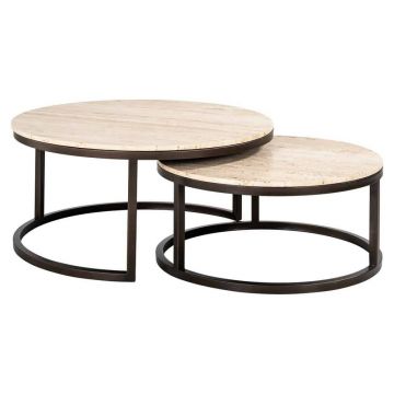 Set 2 masute de cafea Rotunda din Travertin si Metal Bej/Negru D85xH40cm Avalon Richmond Interiors