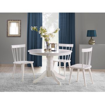 Set masa din MDF si lemn Glaucio Alb + 4 scaune din lemn de cauciuc Barack Alb, Ø106xH75 cm