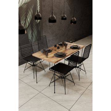 Set masa din pal si metal, Nomsymk 001 Stejar / Negru + 4 Scaune din metal, Nomsymk 001 Negru, L120xl60xH75 cm
