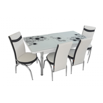 Set masa extensibila cu 4 scaune, PAL, blat sticla securizata, alb + negru, 169 x 80 cm