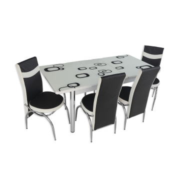 Set masa extensibila cu 4 scaune, PAL, blat sticla securizata, alb/patrat – alb/negru, 169 x 80 cm
