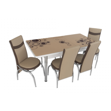 Set masa extensibila cu 4 scaune, PAL, blat sticla securizata, maro + crem, 169 x 80 cm