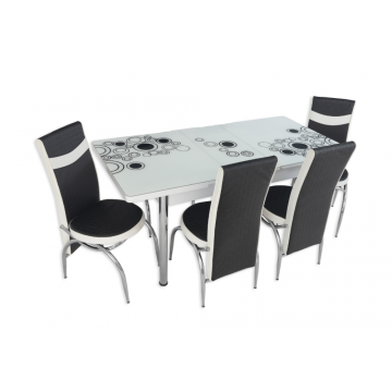 Set masa extensibila cu 4 scaune, PAL, blat sticla securizata, negru + alb, 169 x 80 cm