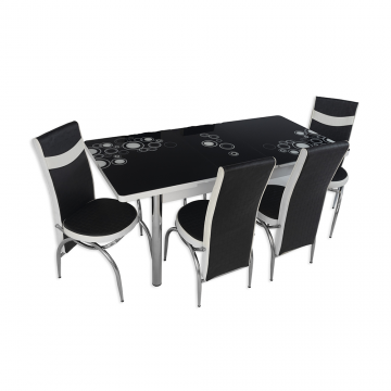 Set masa extensibila cu 4 scaune, PAL, blat sticla securizata, negru, alb, 169 x 80 cm